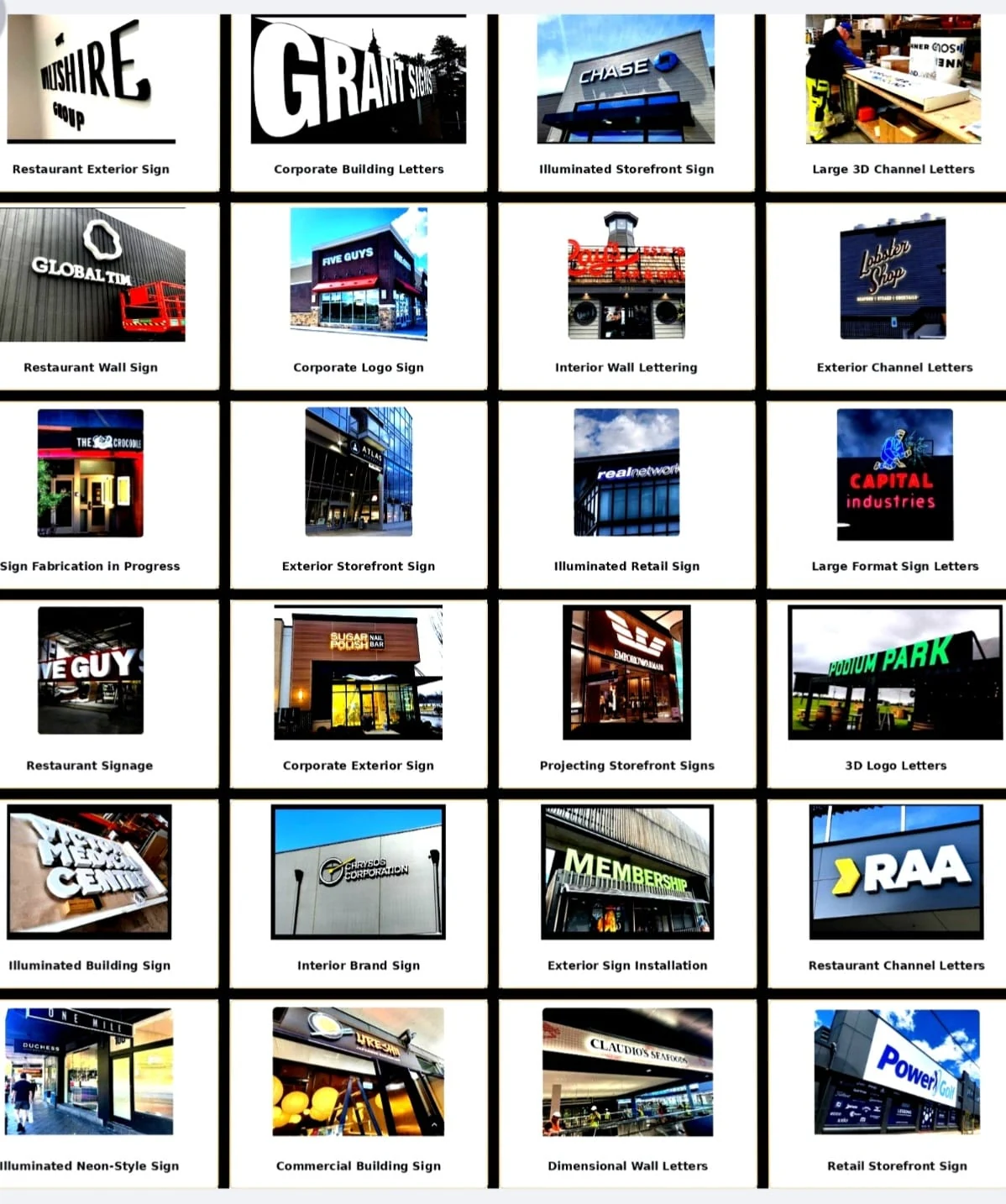Selection of completed commercial signage projects including illuminated storefront signs, channel letters and dimensional business signs