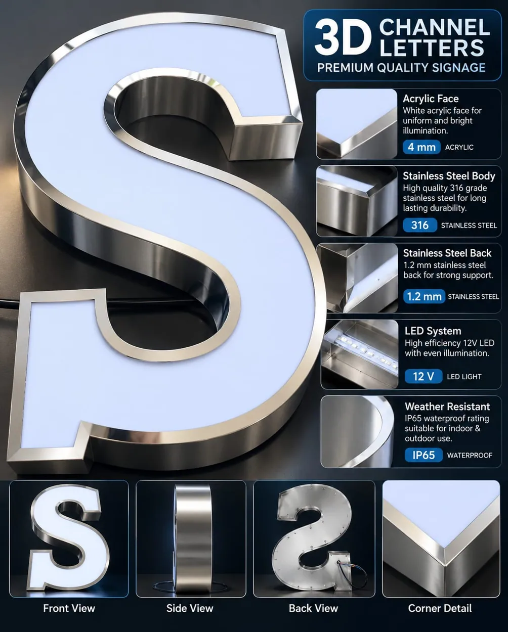 Premium 3D Stainless Steel Channel Letters
