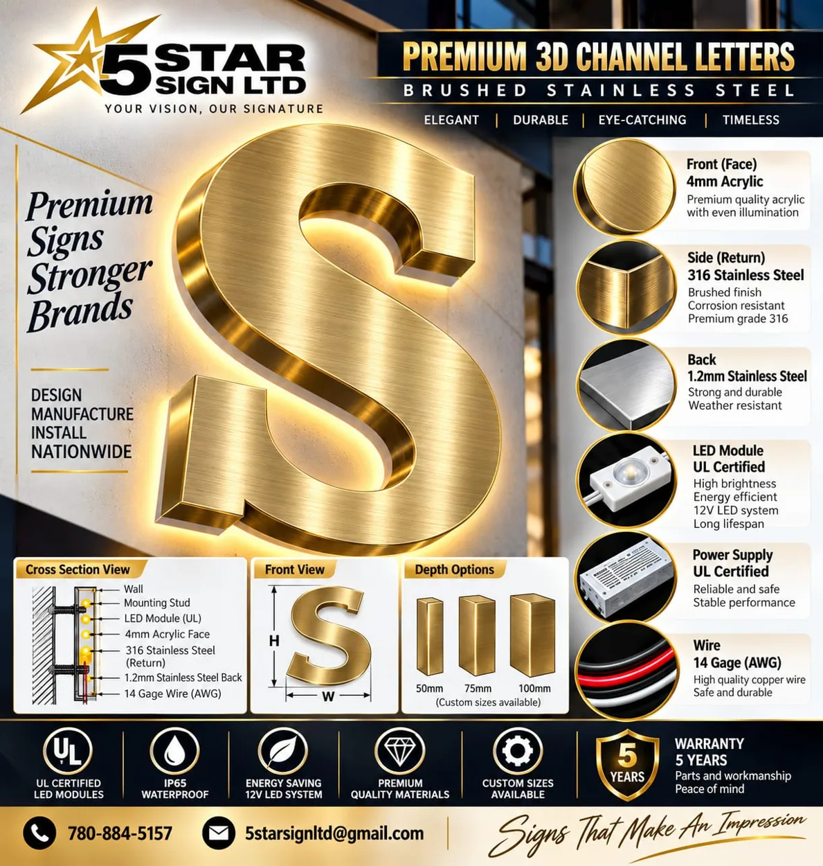 Premium 3D Brushed Stainless Steel Channel Letters