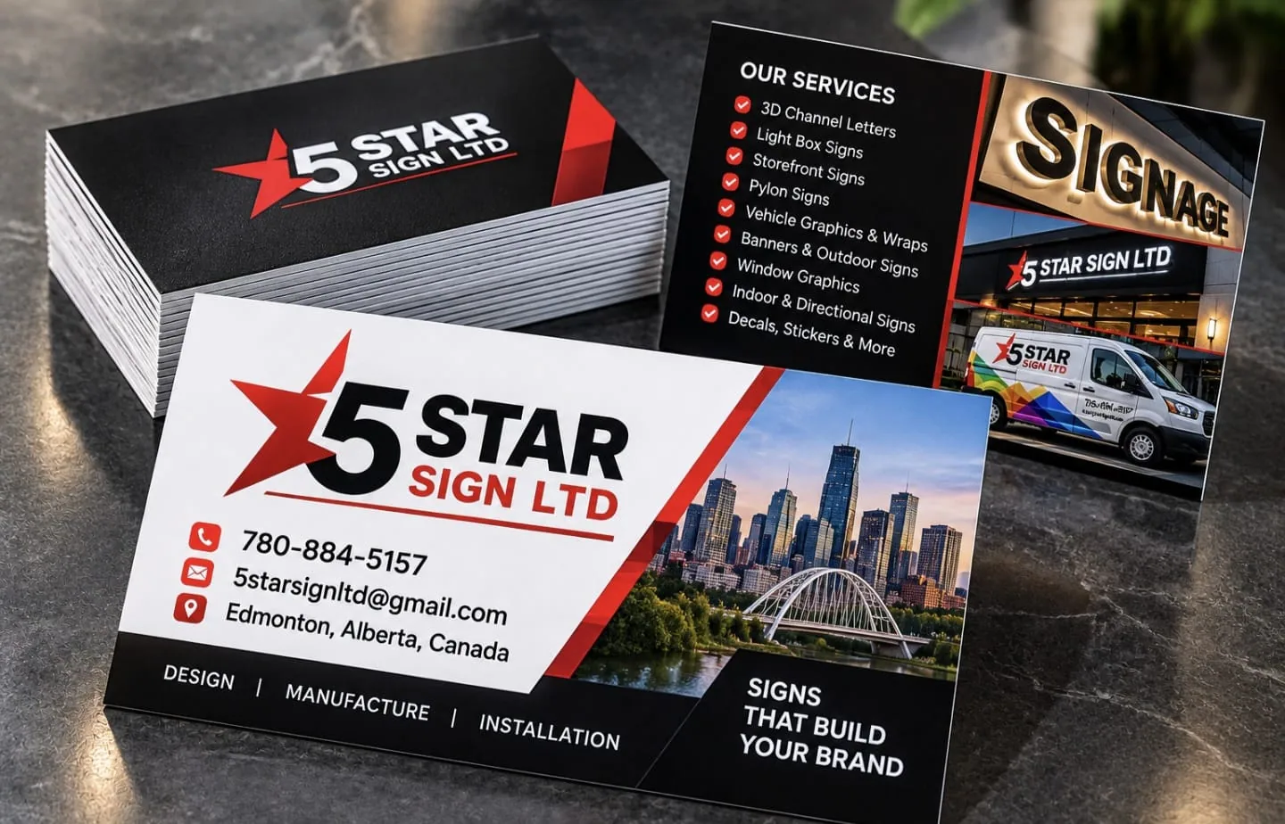 5 Star Sign Ltd printed business cards, front and back